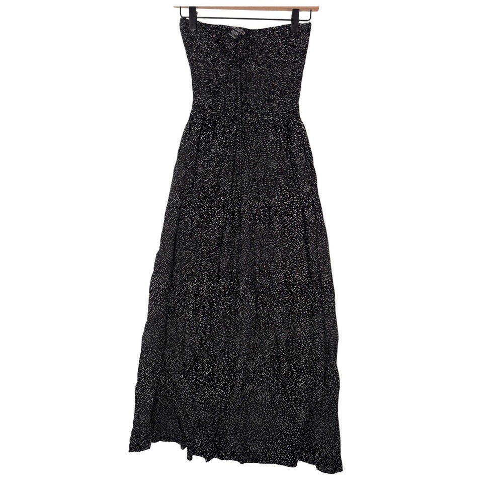 Angie Womens Strapless Smocked Maxi Dress Black White Polka Dot Slit Rayon Small